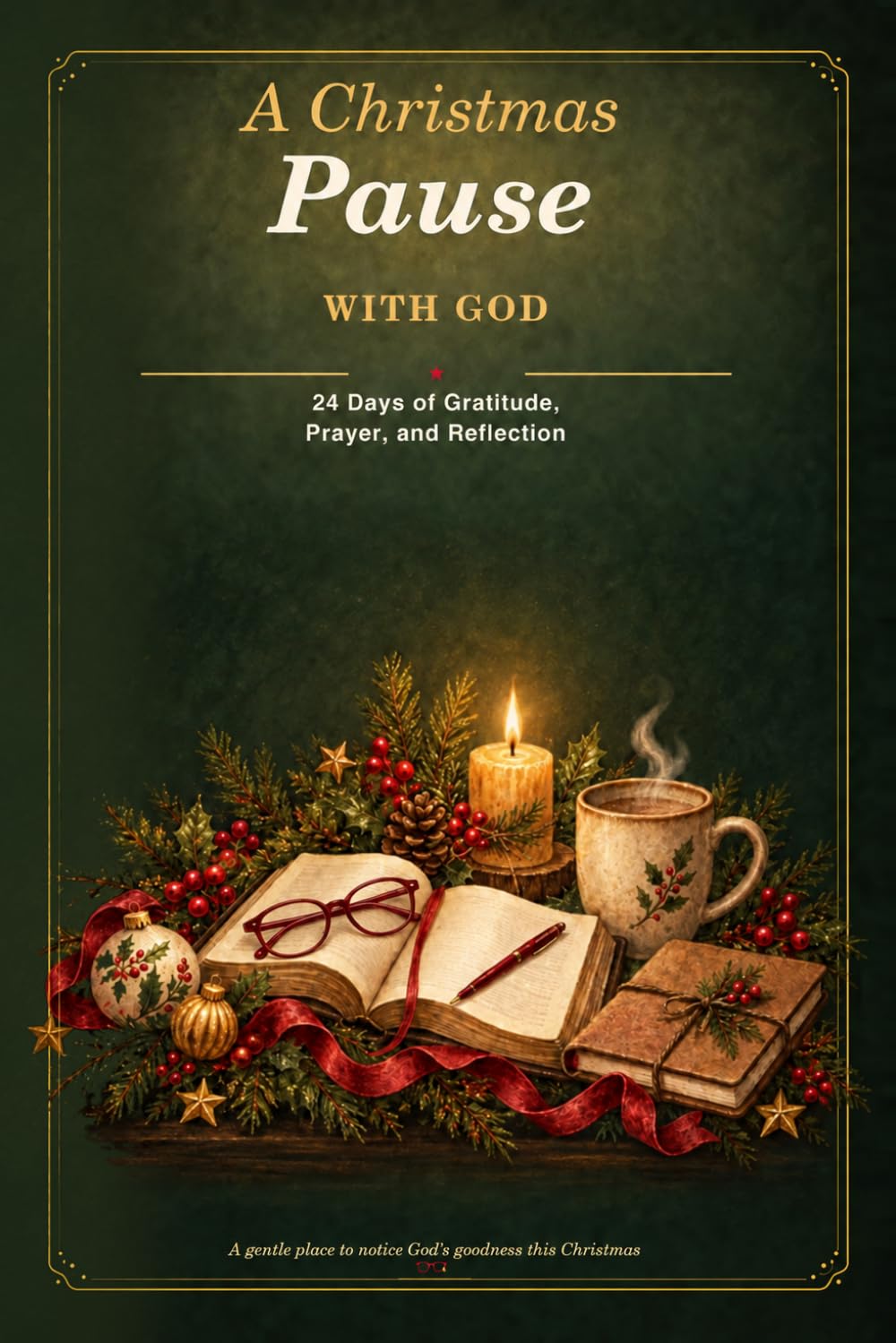 Cover of A Christmas Pause with God: 24 Days of Gratitude, Prayer, and Reflection, with a candle, open Bible, warm mug, and Christmas greenery