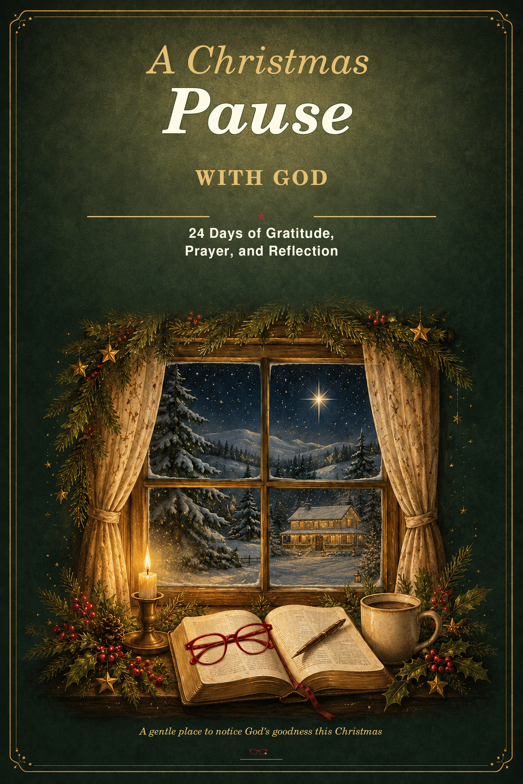 Christmas journal cover concept with an open Bible, red glasses and a snowy window