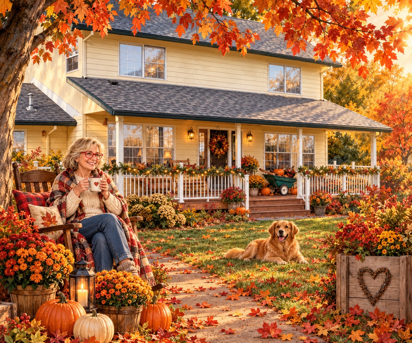 A woman in red glasses enjoys a warm drink beside a yellow cottage, surrounded by autumn leaves, pumpkins and flowers, with a golden dog resting nearby.