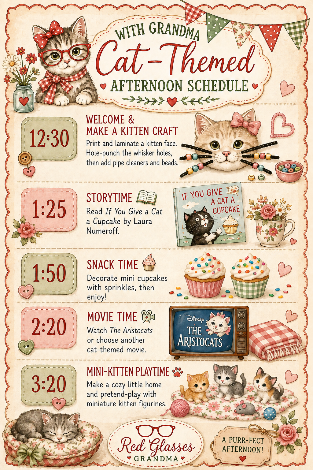 Illustrated cat-themed afternoon schedule with crafts, storytime, mini cupcakes, a movie and miniature-kitten play