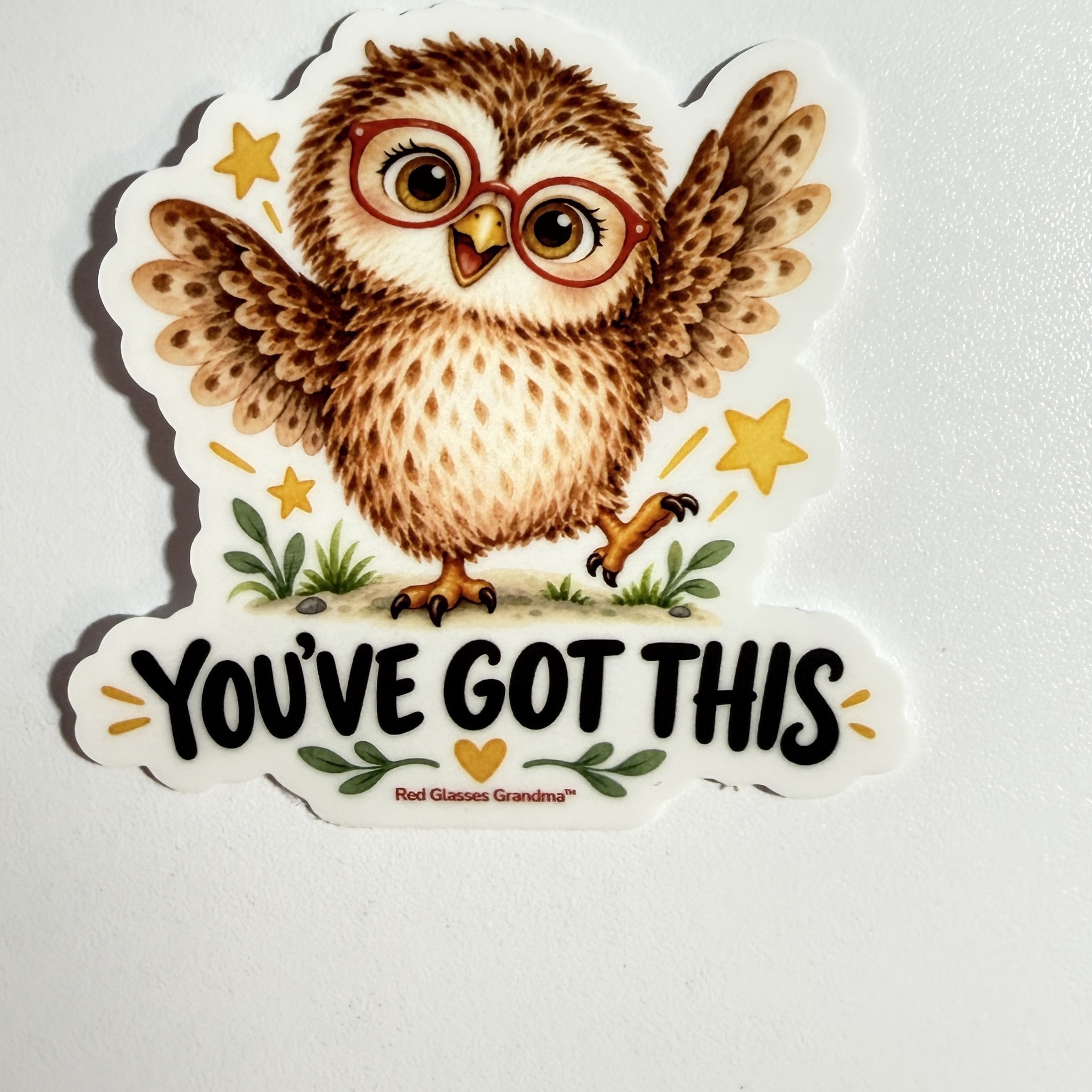 You’ve Got This owl sticker, with a friendly owl wearing red glasses